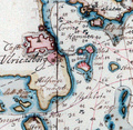 Helsingin linnoituskartan osa vuodelta 1756. Blekholmenilla on telakka "Werf"