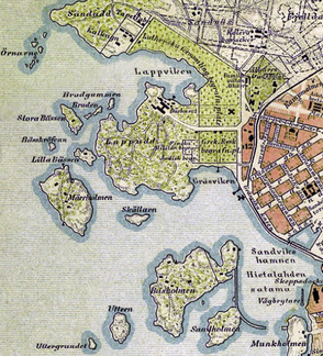 Helsingin länsiosien kartta, 1920-luku. Kartassa näkyvät tärkeät veistämö- ja telakkasaaret Skällarn, Stora Bässen ja Örnarna (Örnholmarna).
Map of the western part of Helsinki.The important boatyards were situated on the islands of Skällarn, Stora Bässen and Örnarna (Örnholmarna).