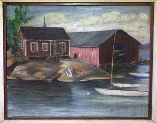 Tuntemattoman taiteilijan maalaus O.E. Lindgrenin talosta ja venevajasta. Kuva: Lindgren-arkisto.