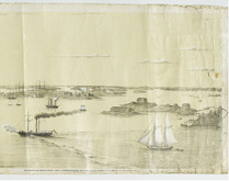 Panoraama Helsingistä, litografia. Blekholmenin karilla on isohko halli.. Blekholmenin saarella erilaisia rakennuksia. Oikeassa reunassa näkyy Klippanin rannalla vankka laituri ja vajoja. Sama laituri esiintyy useissa kuvissa.