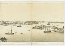 Panoraama Helsingistä, litografia. Saarilla on samat rakennukset kuin edellisessä kuvassa ja jäljempänä olevassa valokuvassa. Blekholmenin keskellä on pitkä halli.
